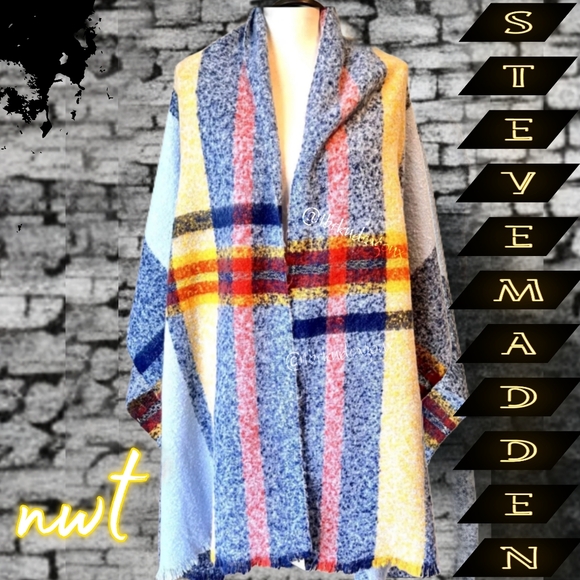 NWT Steve Madden Plaid Blanket Scarf Blue Grey White Yellow Holiday Scarf - Picture 6 of 16